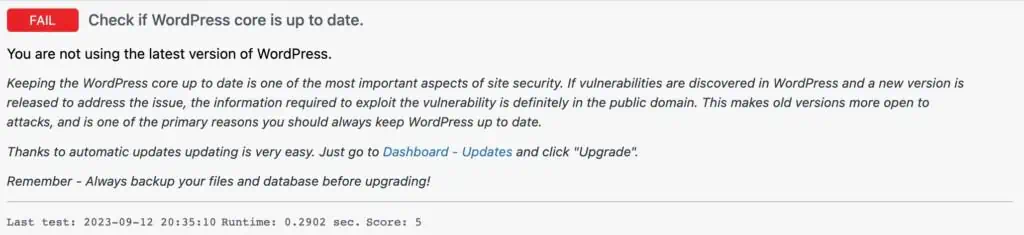 Example of test details - WordPress is not up to date