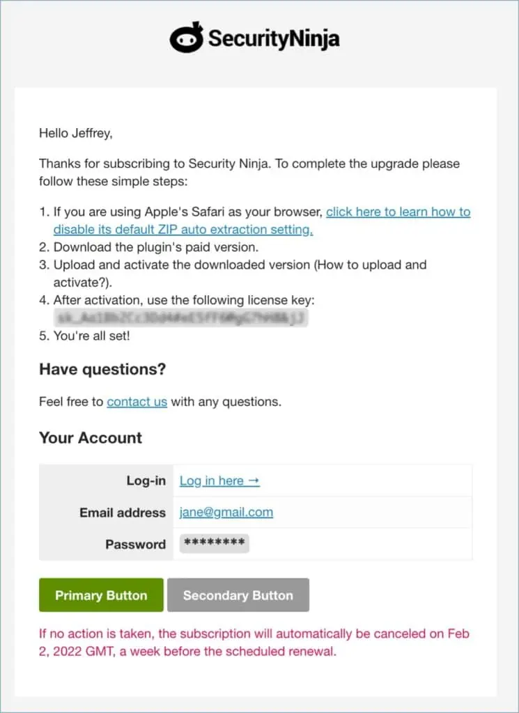 Email containing license details