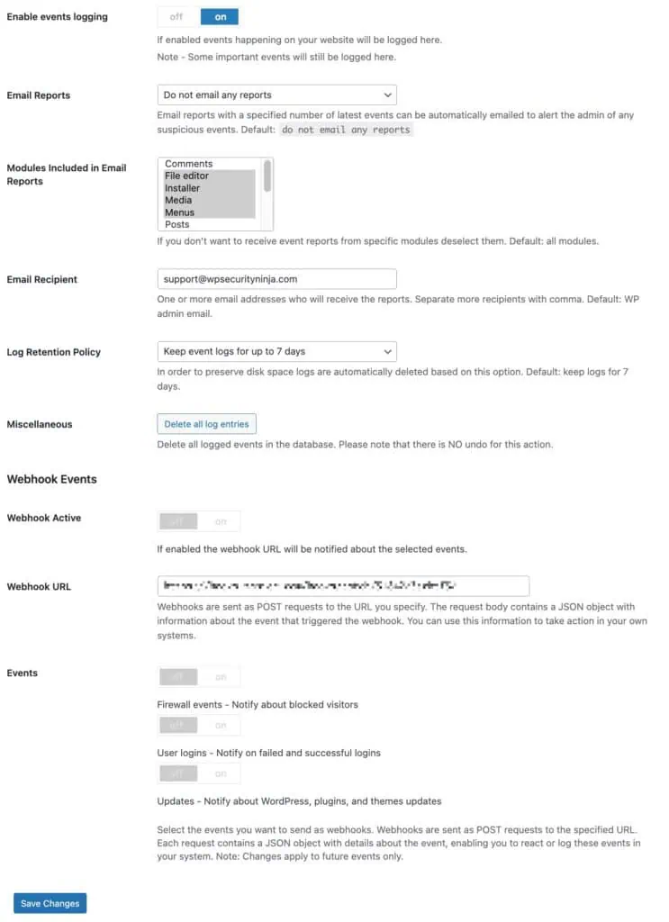 Events log settings