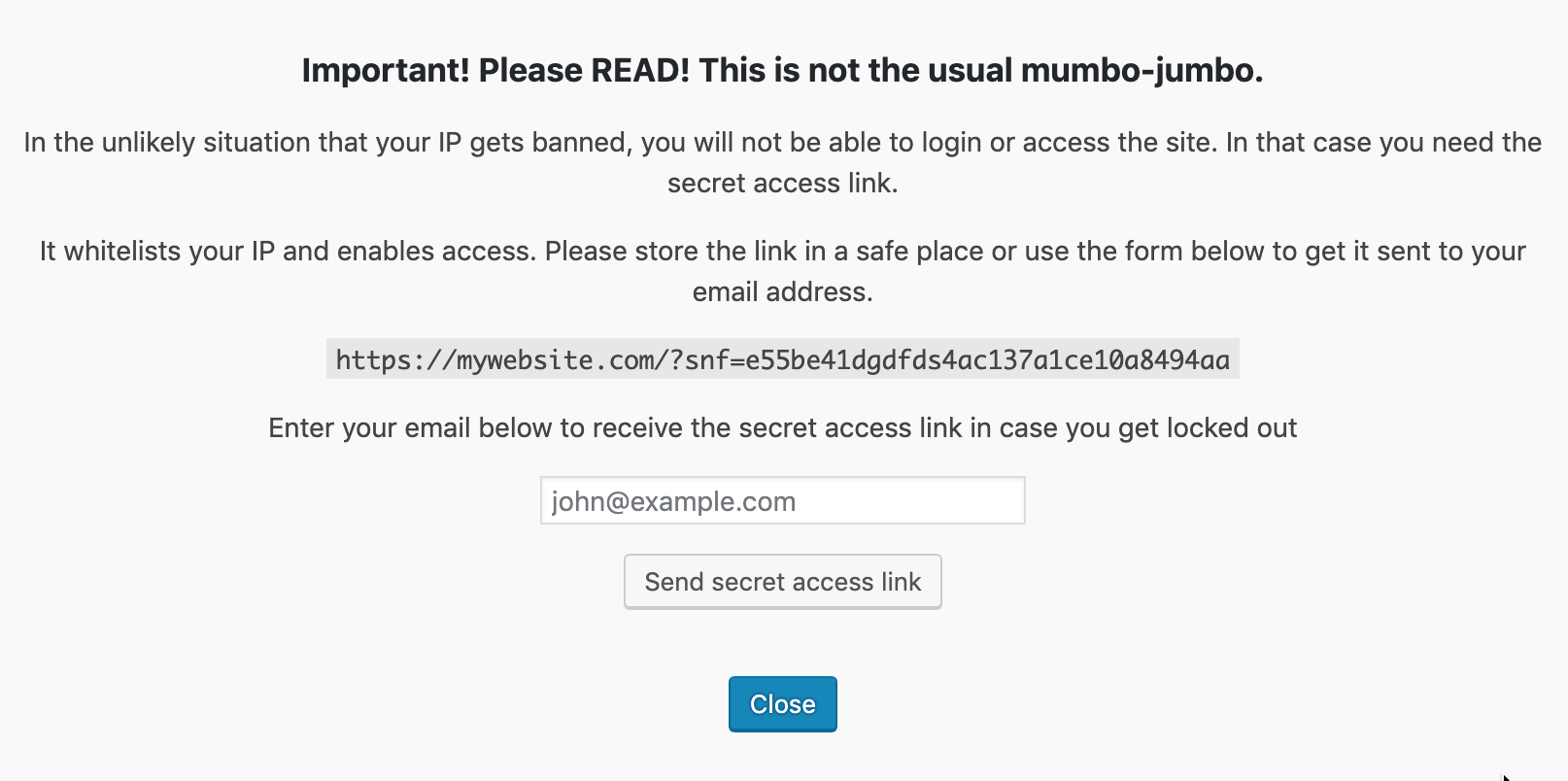 Secret access URL popup