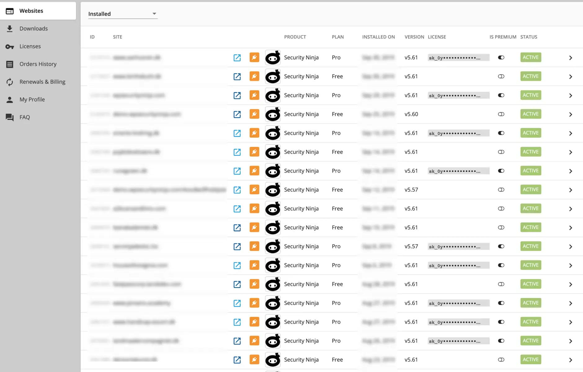 Websites tab on your account page