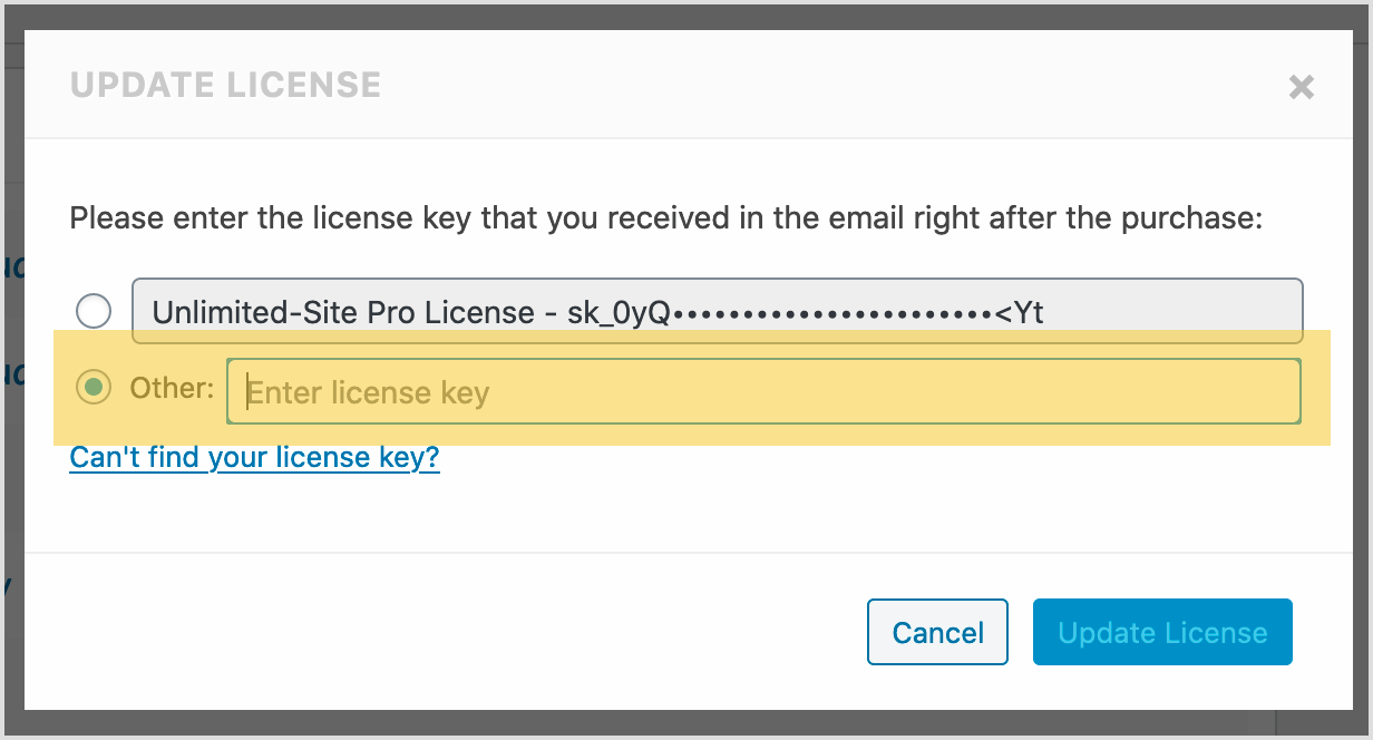 Update License popup with license key field