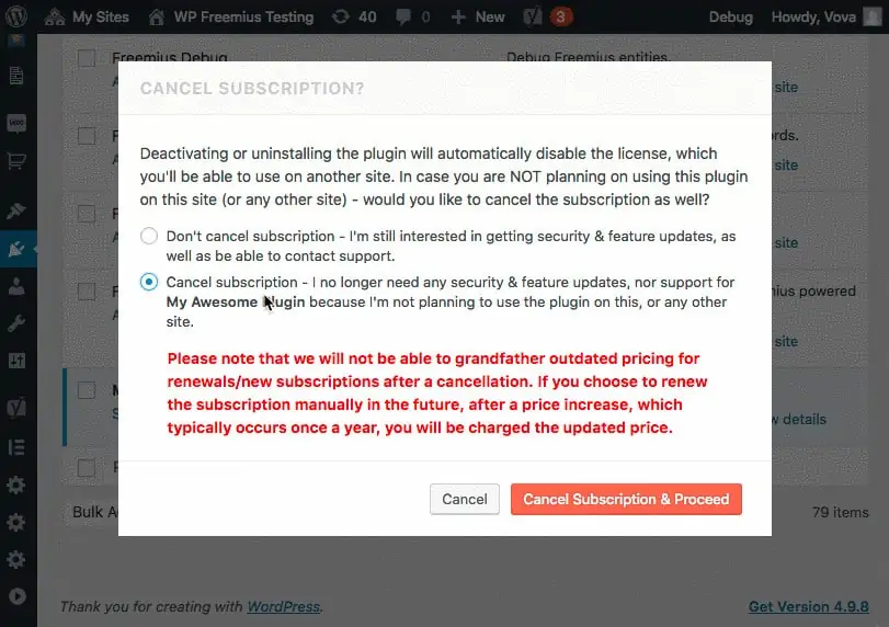 Cancel subscription popup