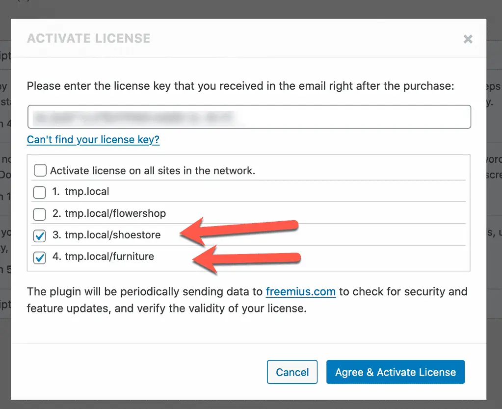 License activation on specific subsites