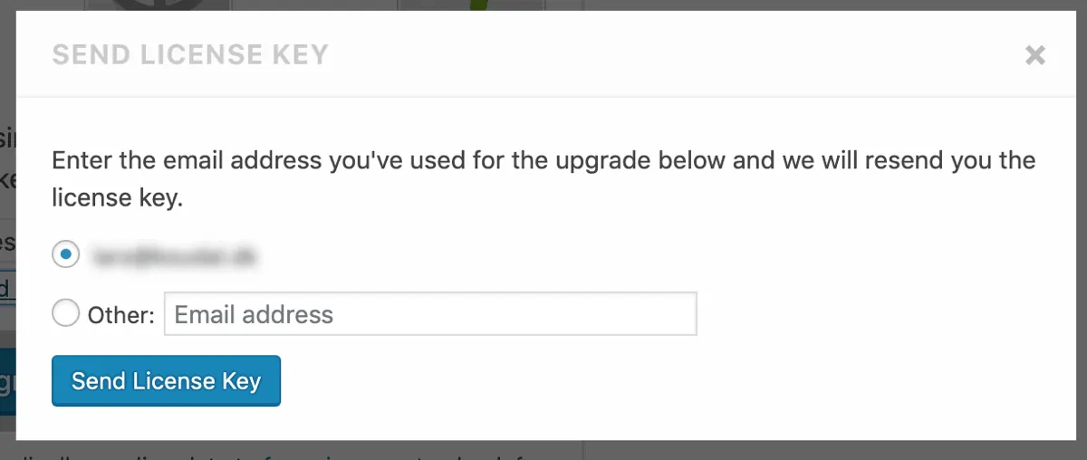 Send license key window, enter your email to resend the key