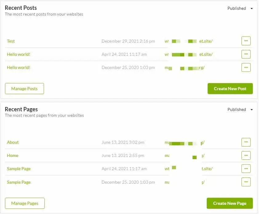 Recent posts and pages in MainWP