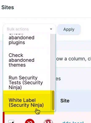 Select "White Label" in the Bulk actions dropdown in MainWP