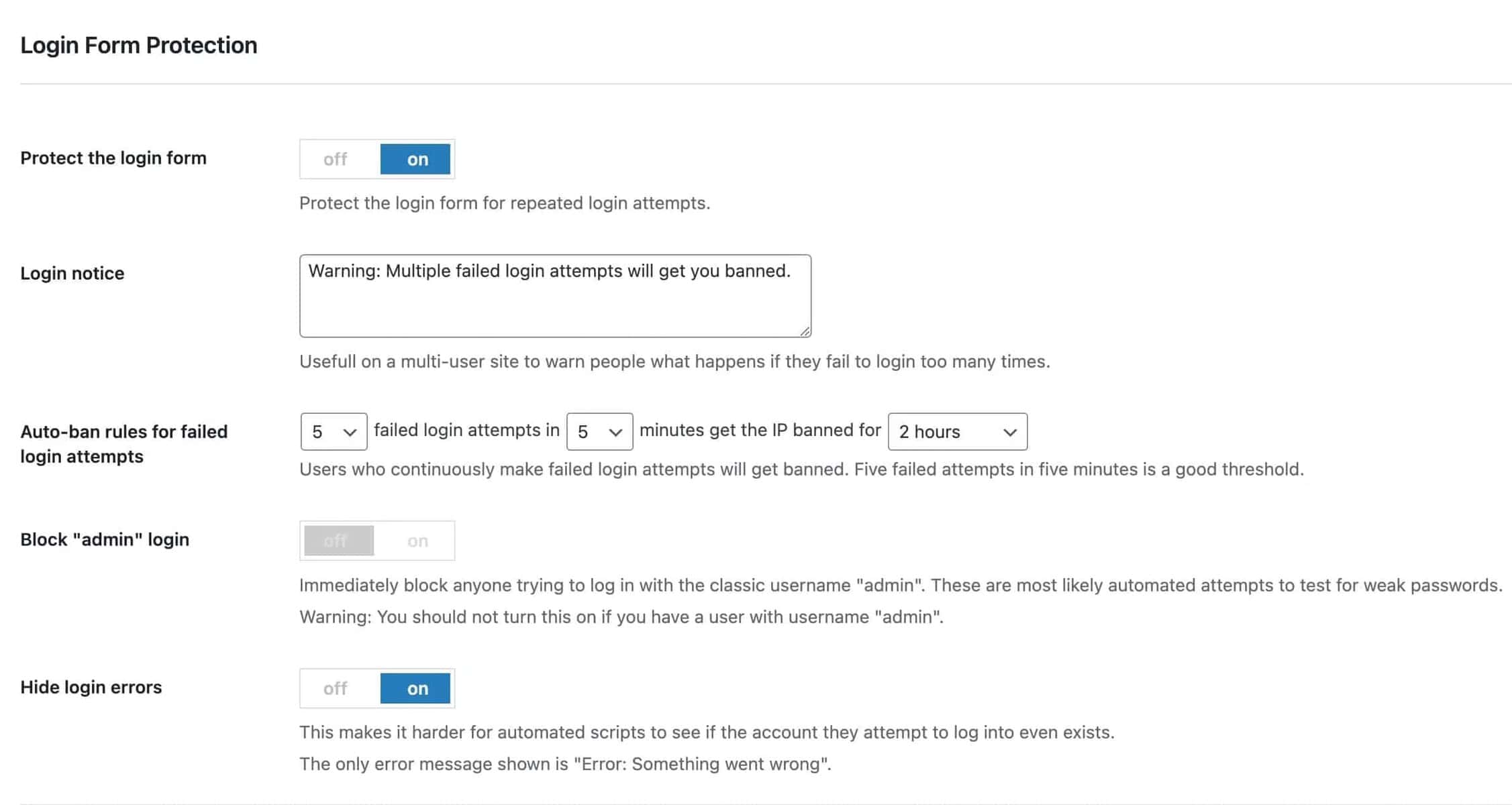 WP Security Ninja login form protection settings