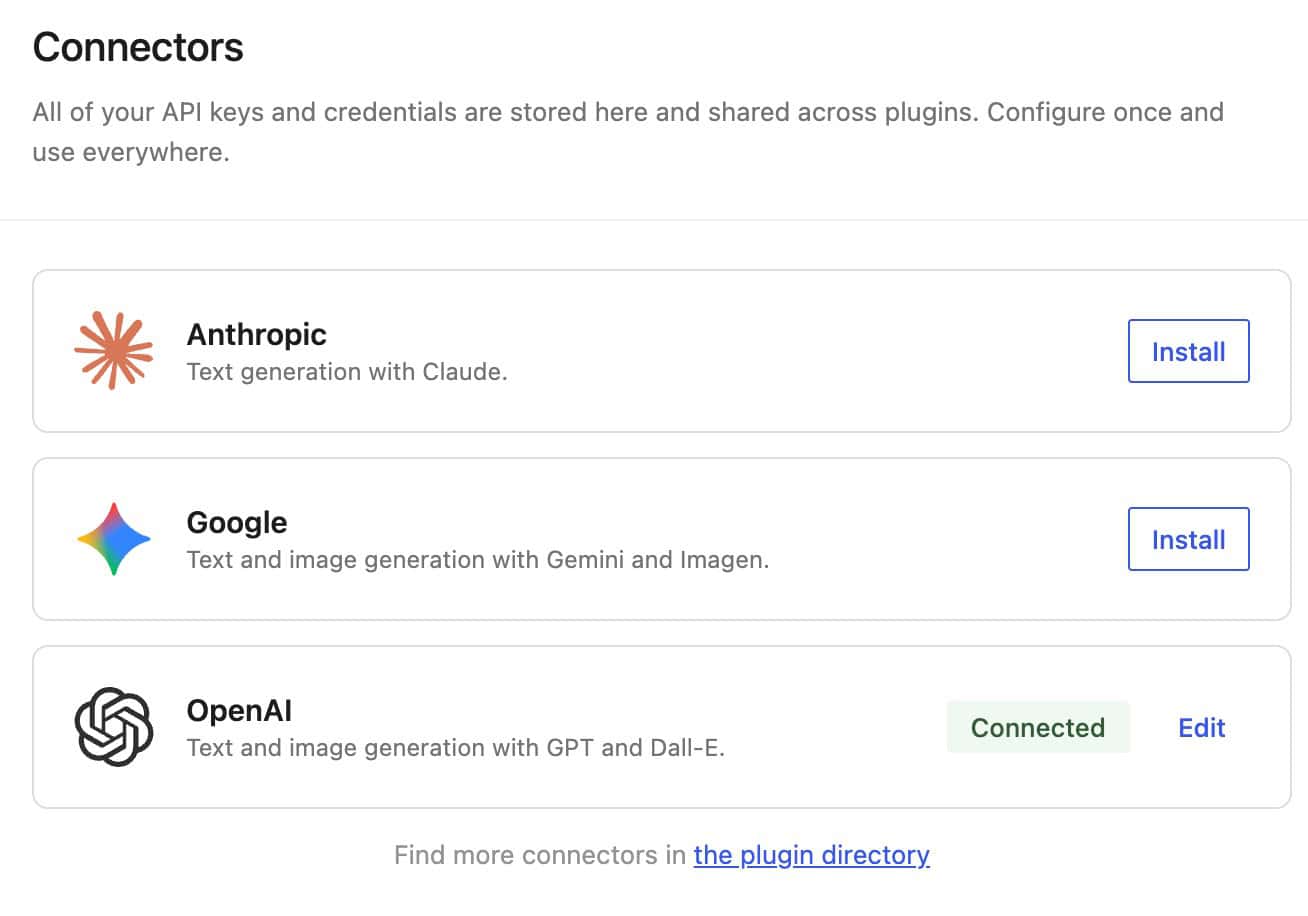 WordPress AI connector credentials screen for configuring an LLM provider