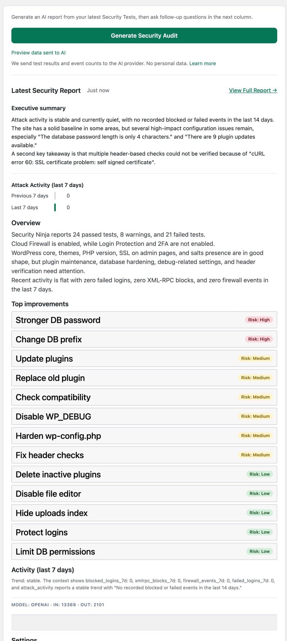 AI Security Advisor report with executive summary, attack activity, and risk-ranked top improvements