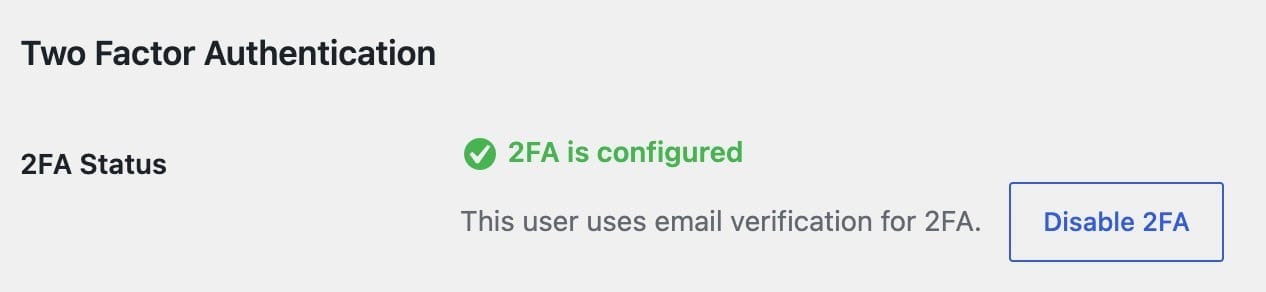 Two Factor Authentication section on a user profile