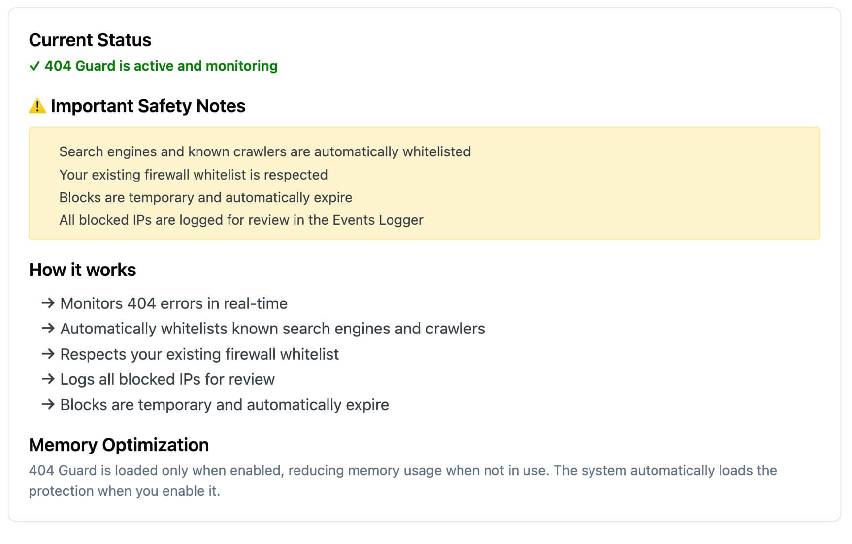 404 Guard status screen showing active monitoring and safety notes