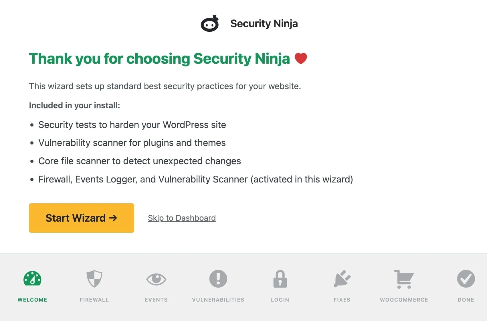 Security Ninja setup wizard ready to configure WordPress protection