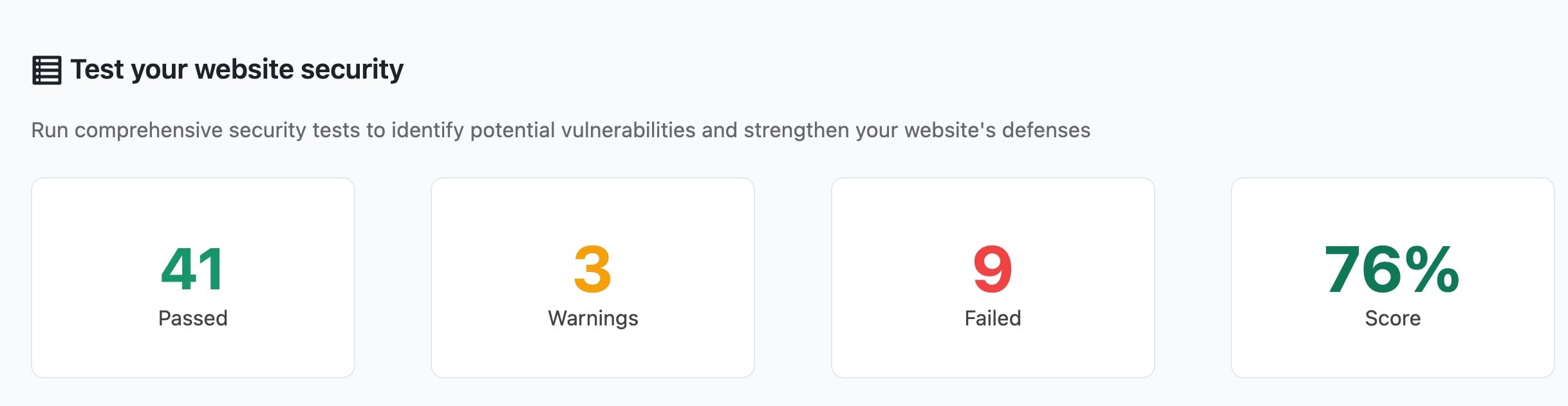Security test summary showing passed, warning, failed counts and overall score percentage