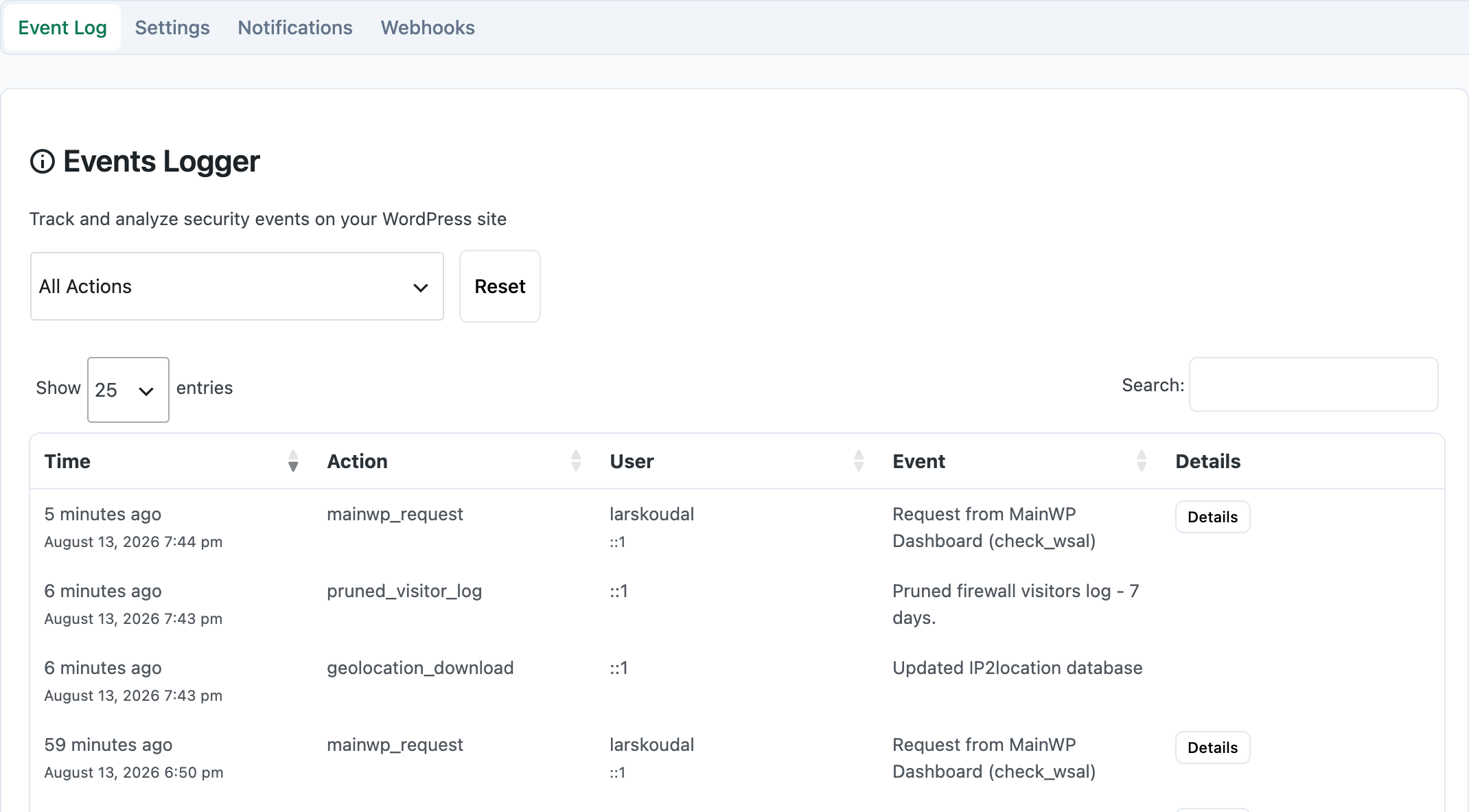 Events Log search and filter controls