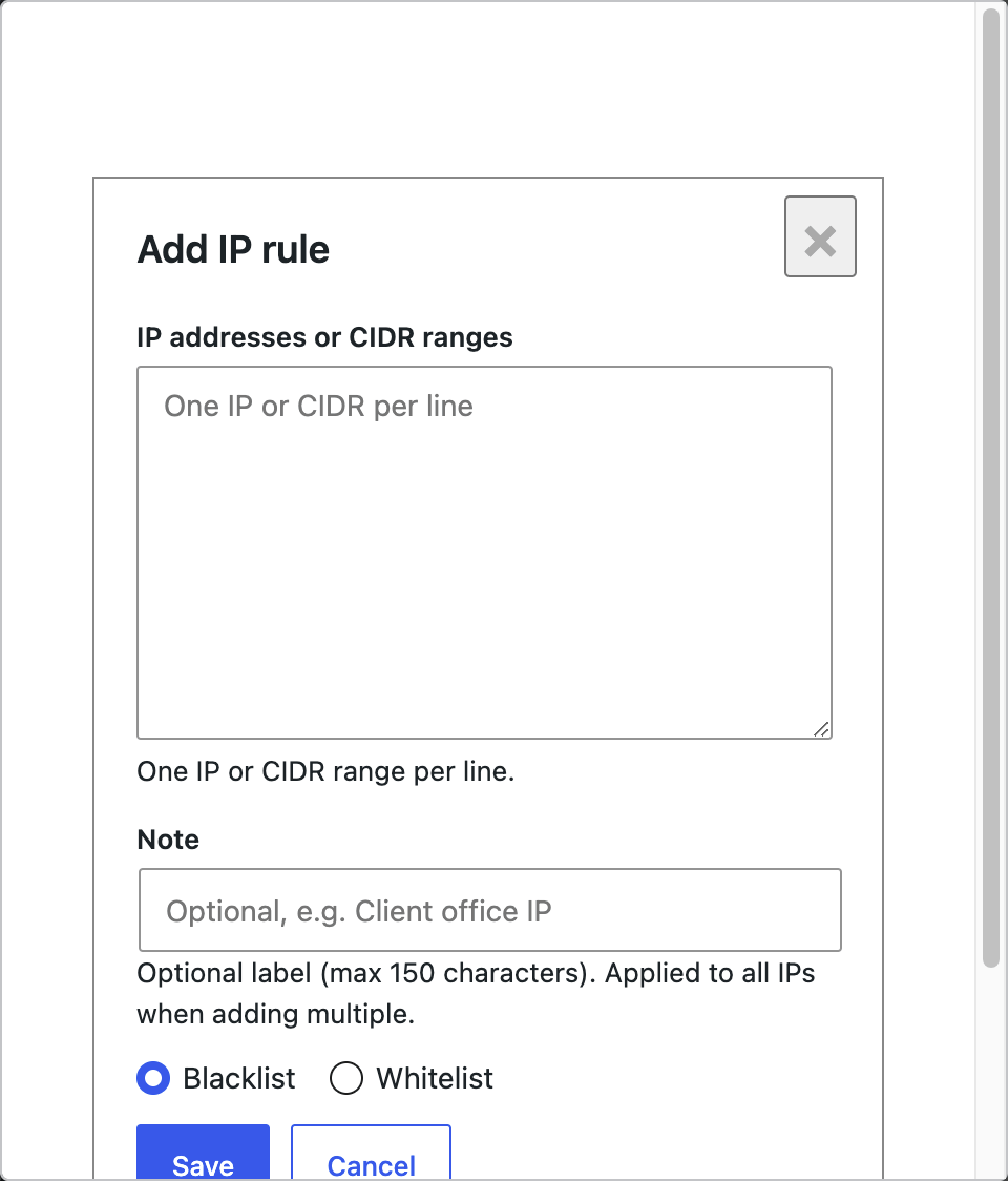 Add IP rule dialog with Blacklist selected