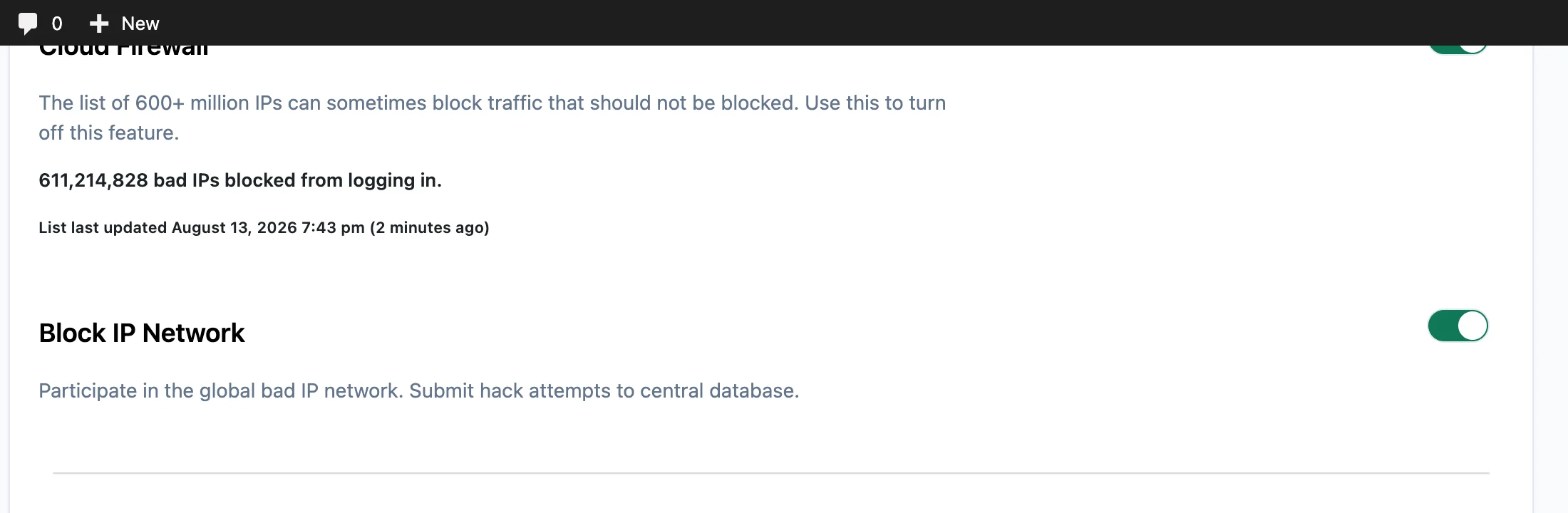 Enabled Cloud Firewall blocking bad IPs inside WordPress
