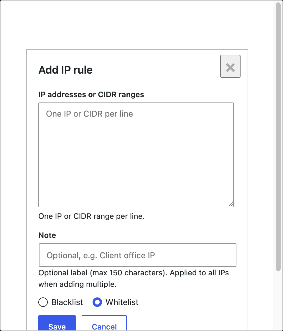 Add IP rule dialog with Whitelist selected