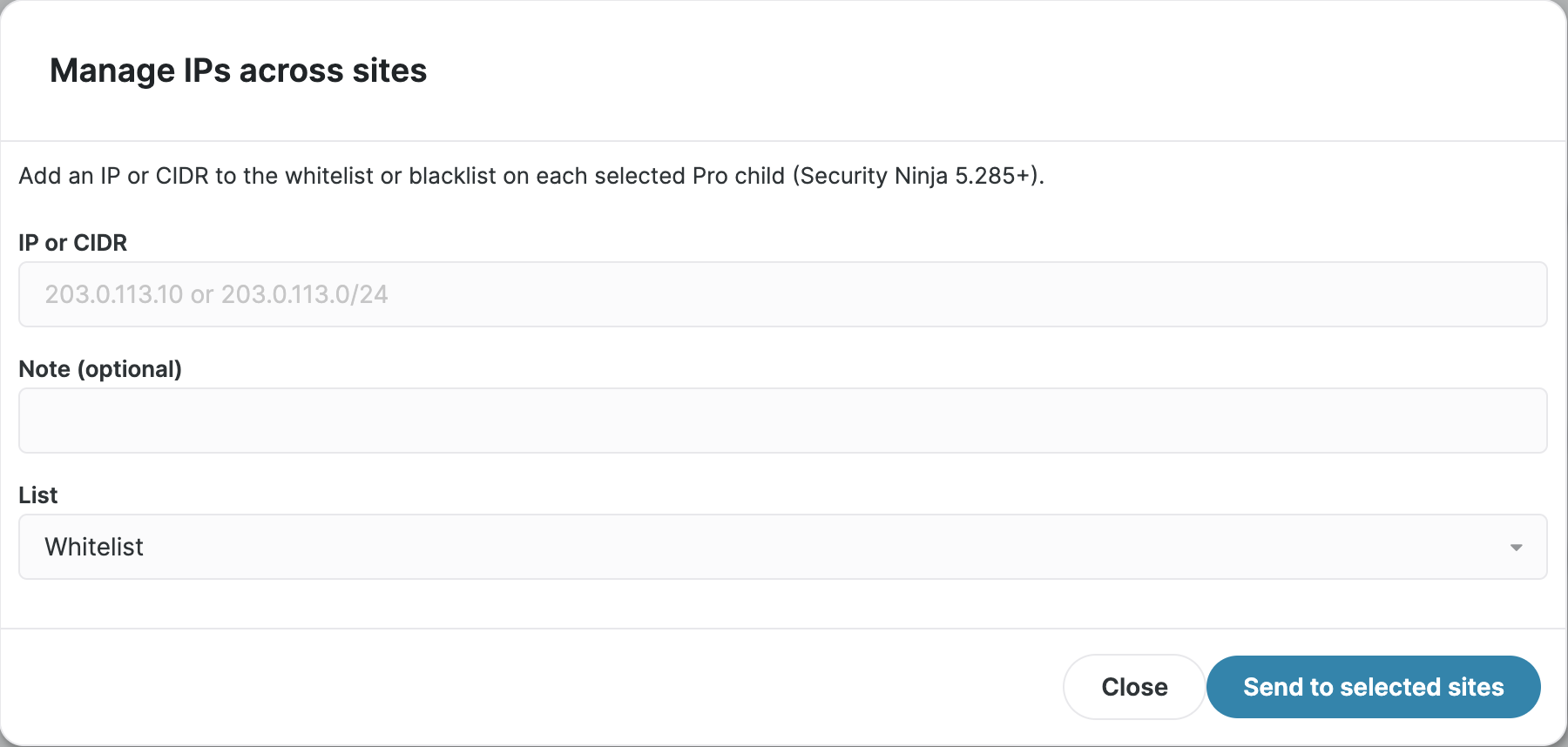 Manage IPs across sites dialog