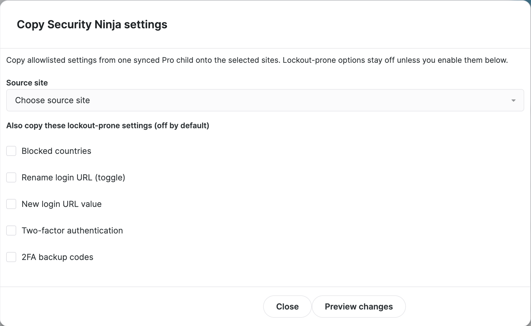 Copy settings dialog in MainWP