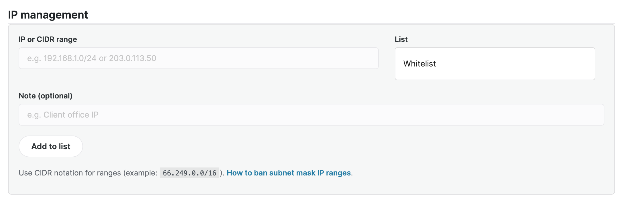 IP management tab on a child site