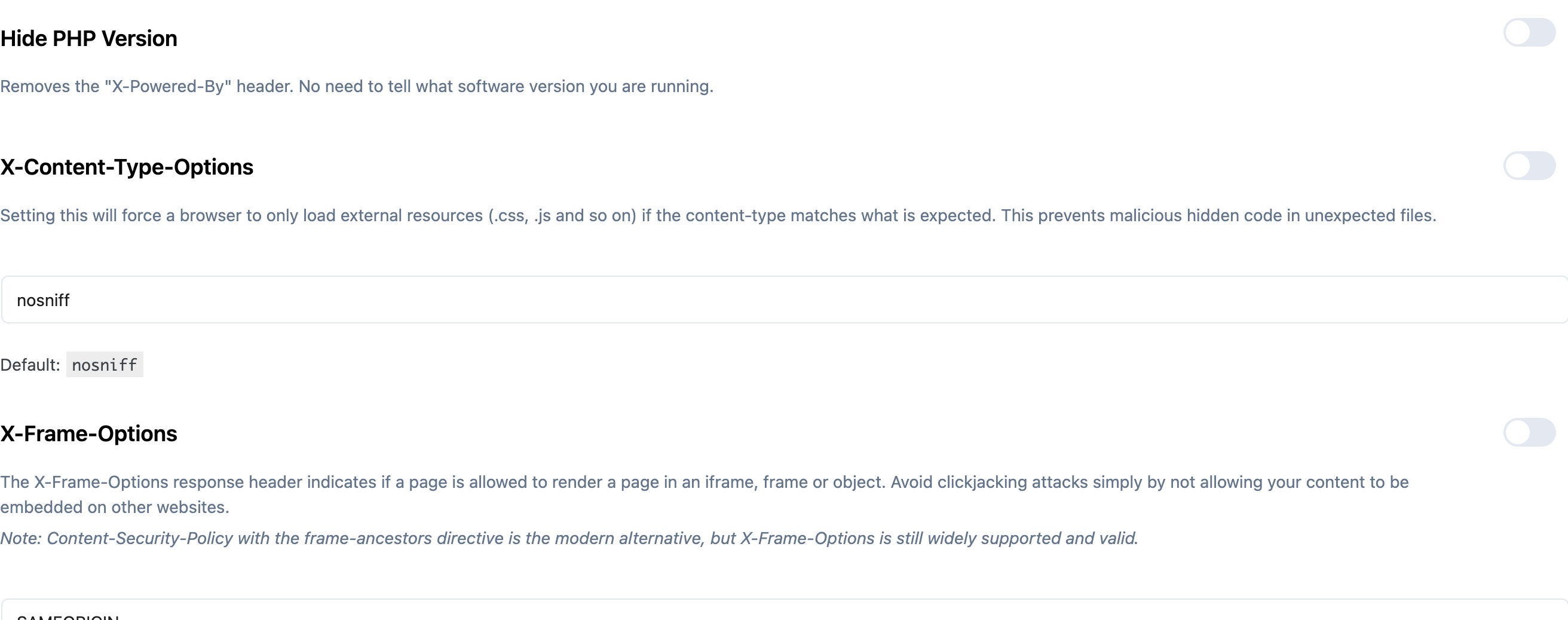 Security Headers checkboxes on the Fixes page