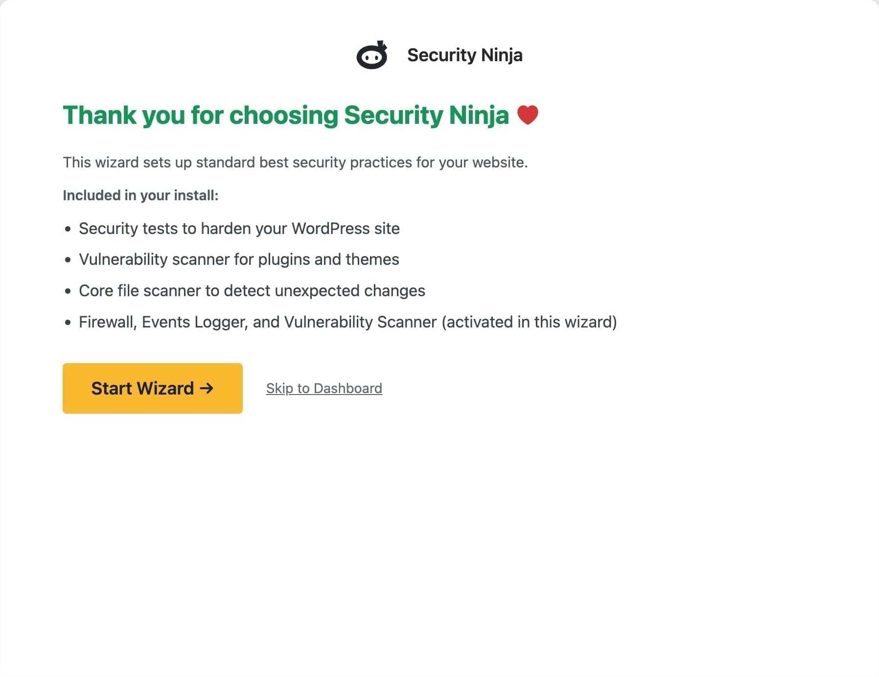 Install wizard welcome screen listing what gets turned on, with Start Wizard
