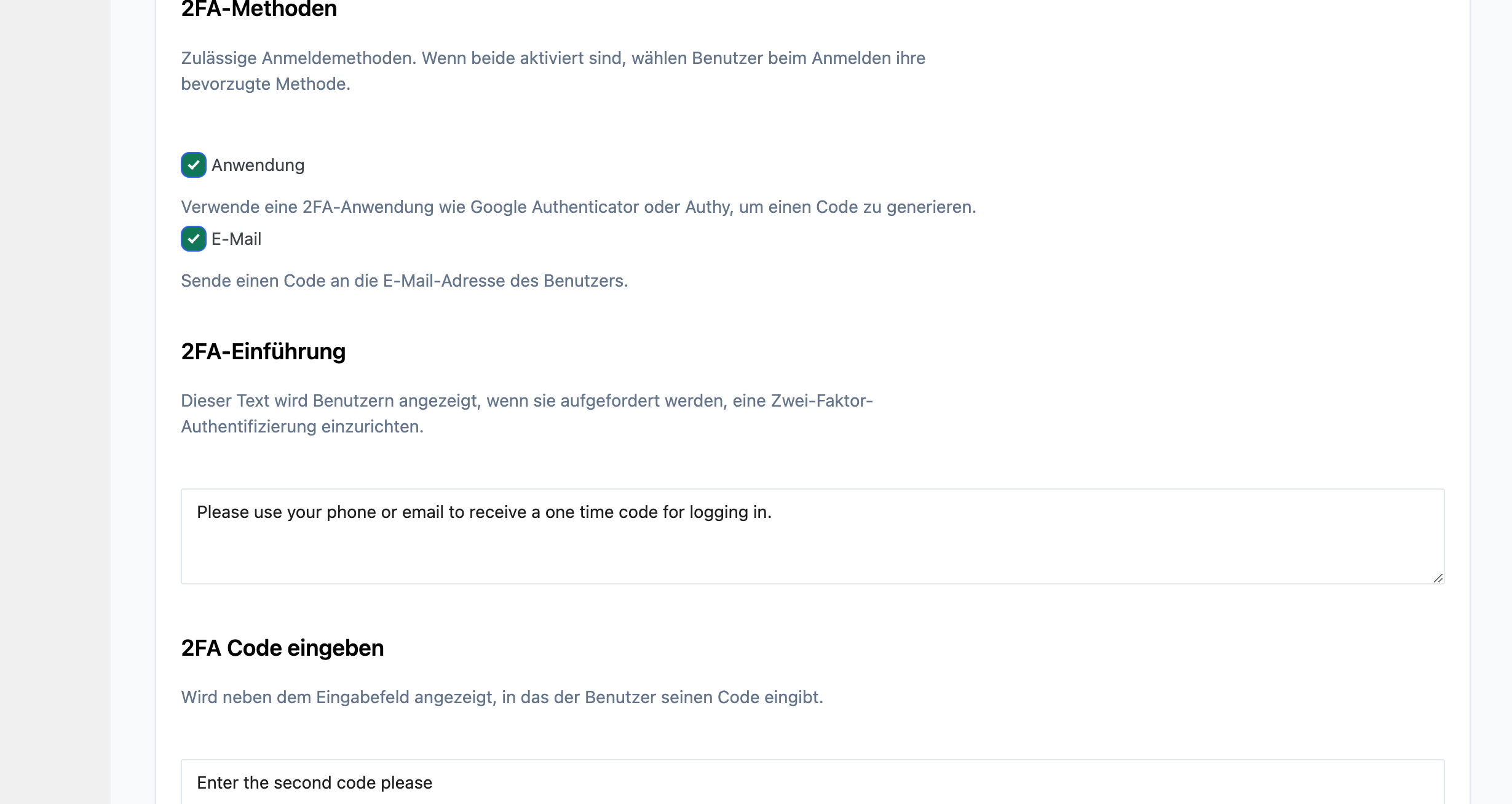 Option, 2FA-Codes per E-Mail zu erhalten