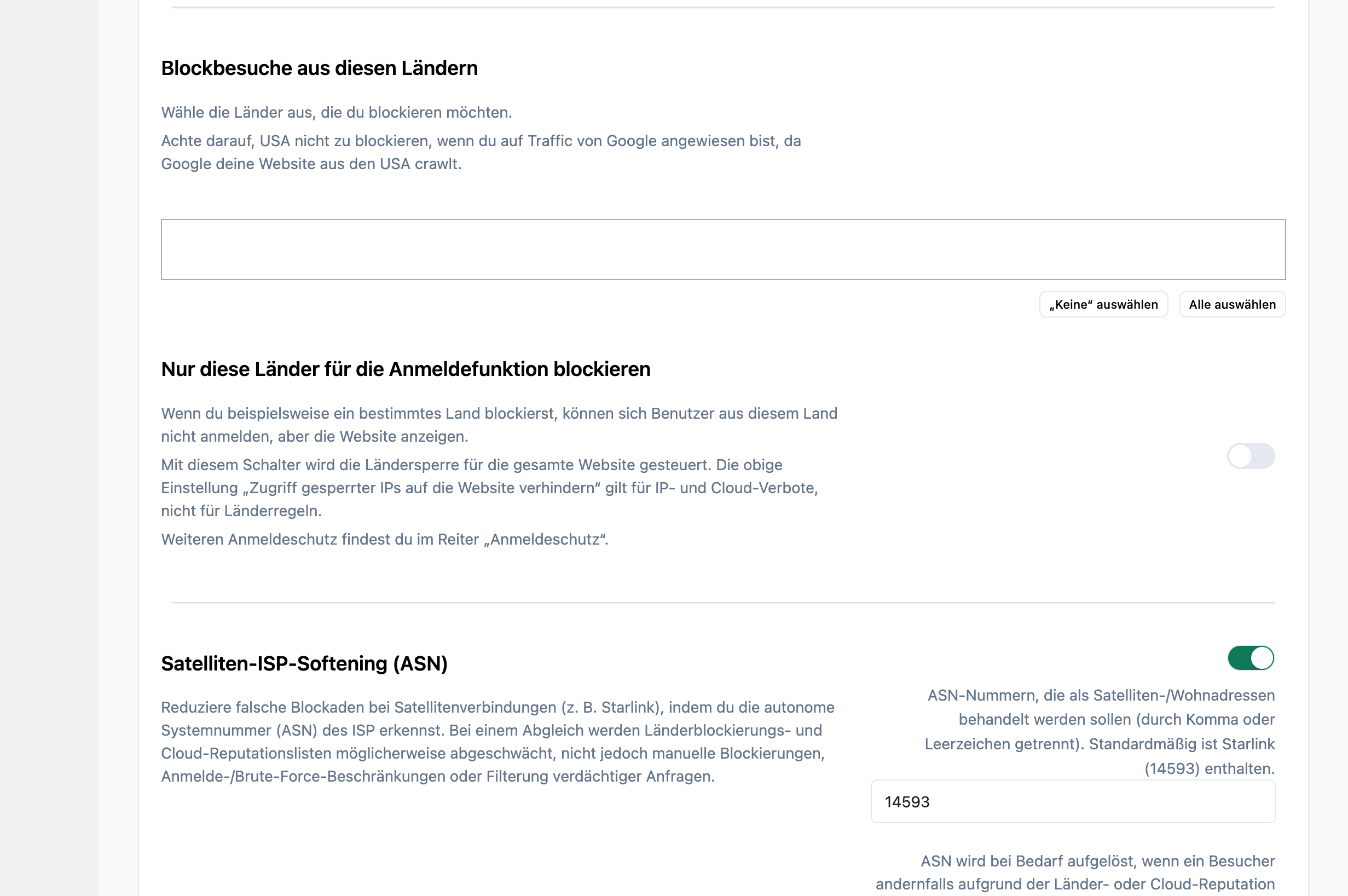 Auswahl der Ländersperre mit gewählten Ländern
