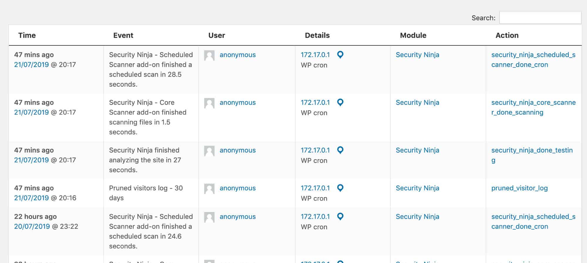 Security Ninja events log showing scans, blocks, and site activity
