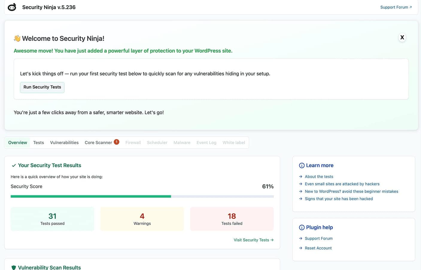 Security Ninja WordPress admin overview with security score and test results