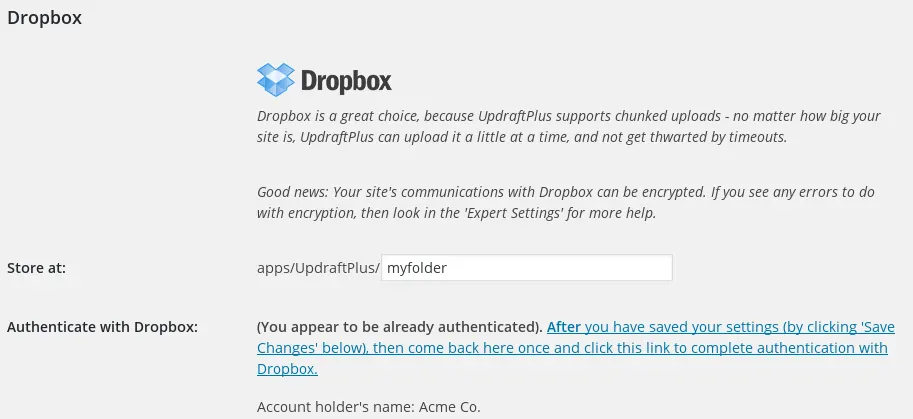 UpdraftPlus Dropbox