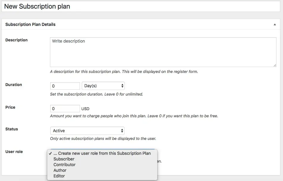 Setting up a new subscription plan