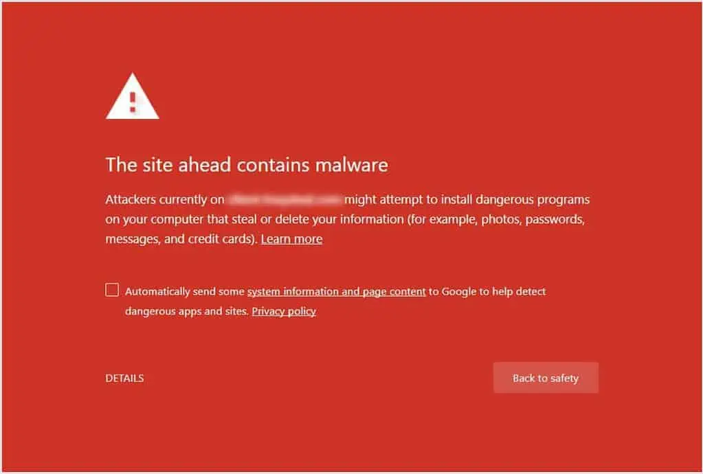 "The site ahead contains malware" warning message