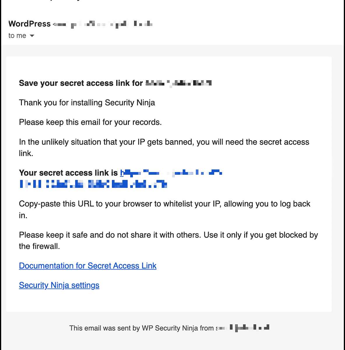 Email template for the "Security Ninja Firewall secret access link"