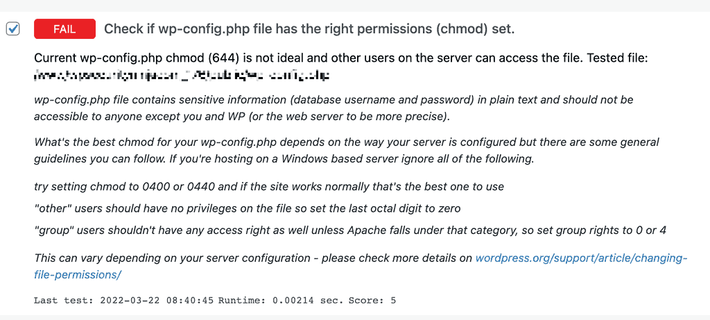 Check if wp-config.php file has the right permissions (chmod) set.