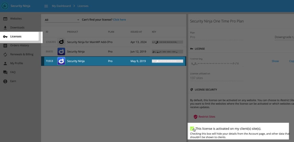 Where to find the "activated on client websites" setting.
