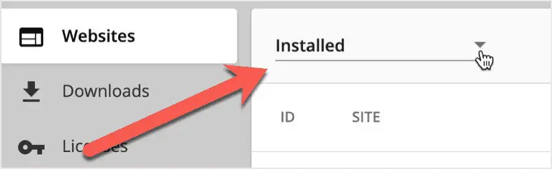 Filter the website list - choose Installed