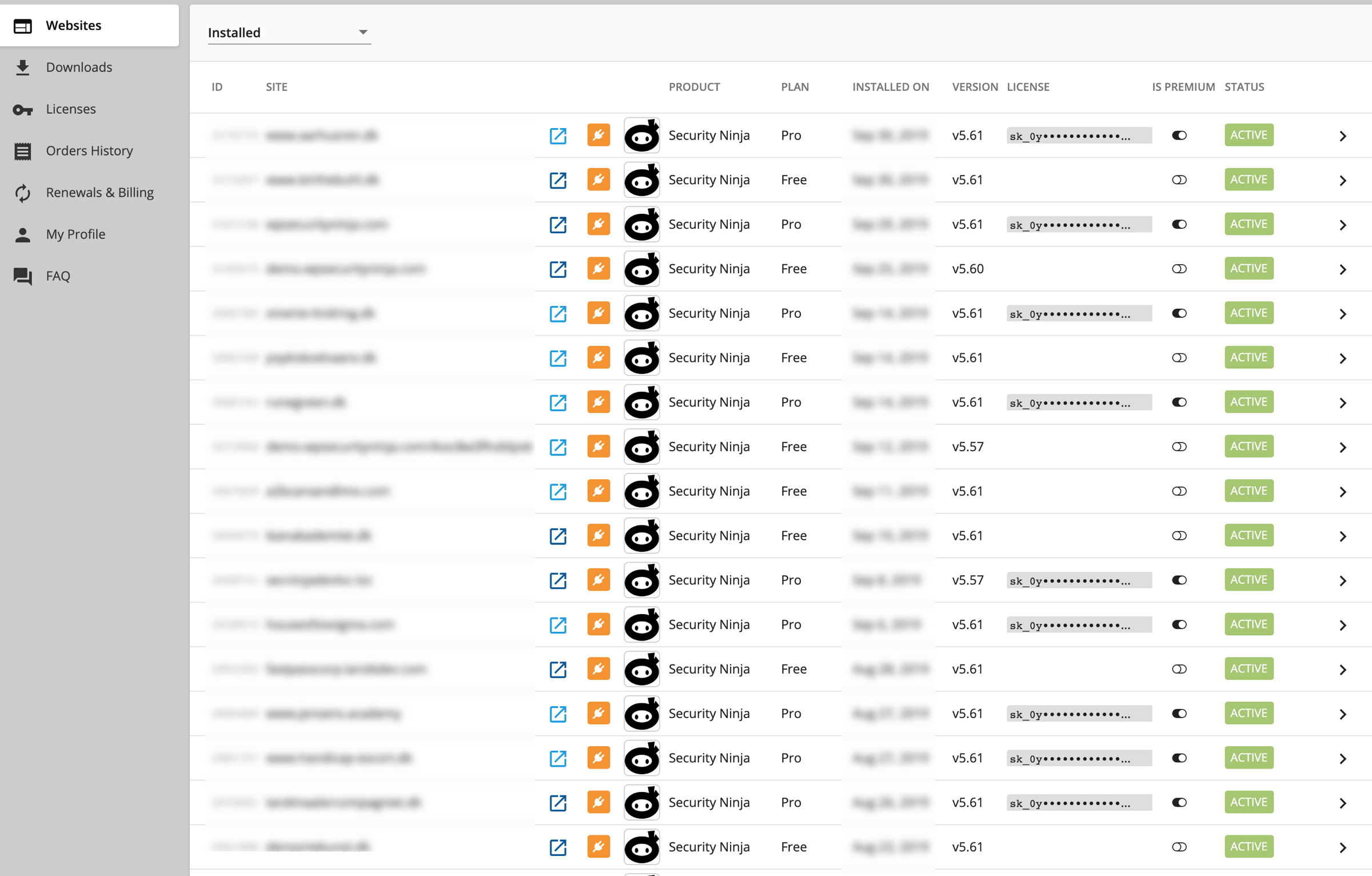 Websites tab on your account page