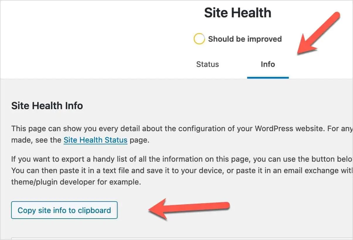 Copy site info to clipboard from Tools -> Site Health