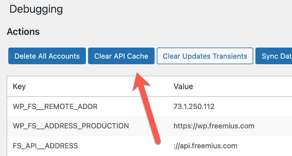 The "Clear API cache" button