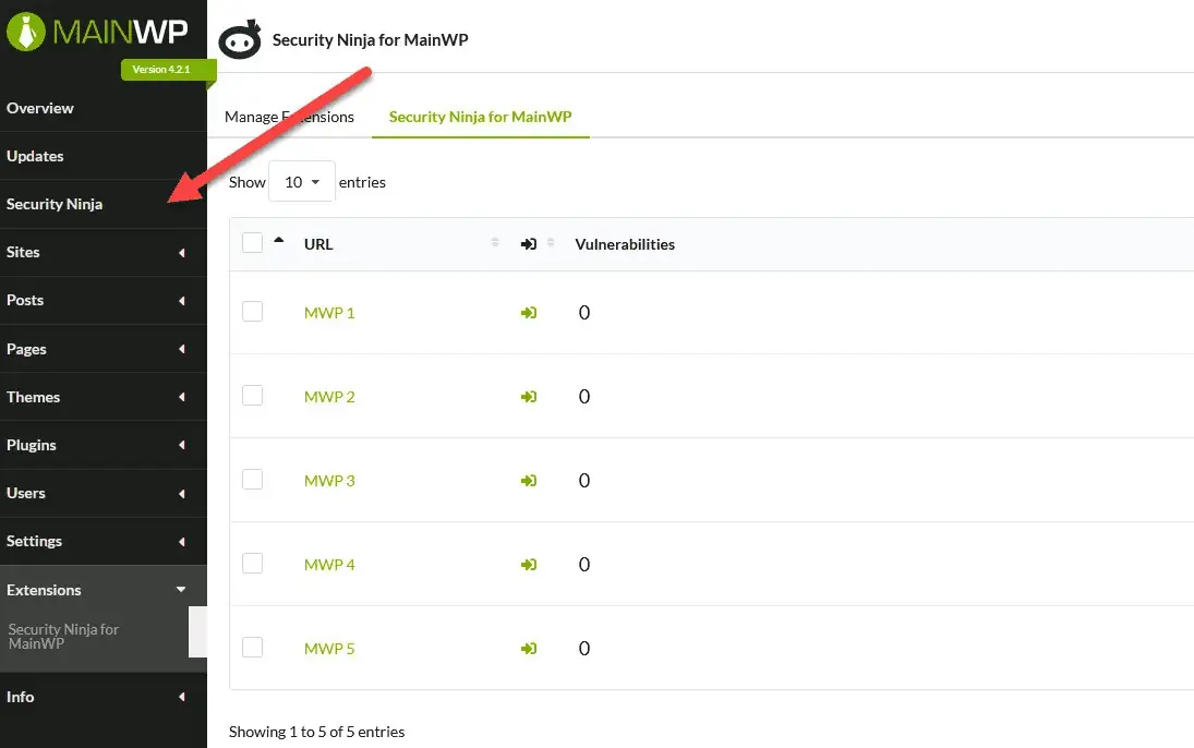 Security Ninja for MainWP is used to control the settings of all Security  Ninja-installed Child Sites directly from the MainWP Dashboard.