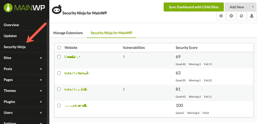 MainWP and Security Ninja interface