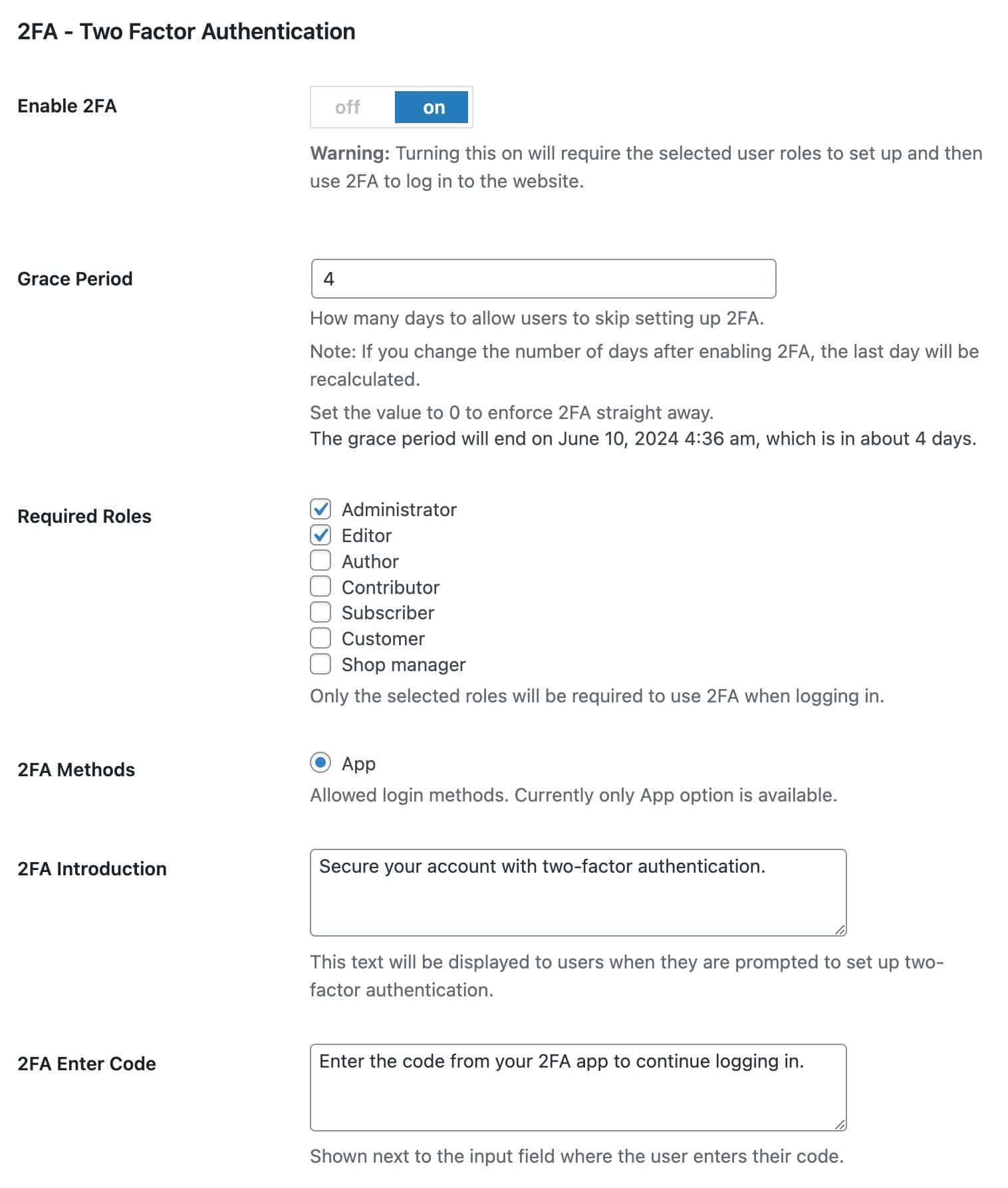 2FA Settings - Enabling Two Factor Authentication 2FA Settings - Enabling Two Factor Authentication
